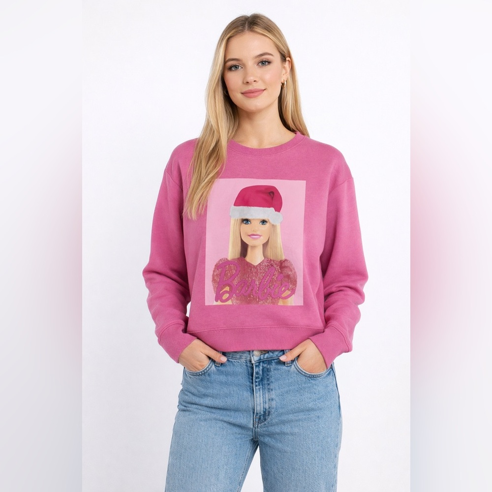 Barbie Christmas Sweater XL Juniors Pink Holiday Crewneck Santa Hat NWT